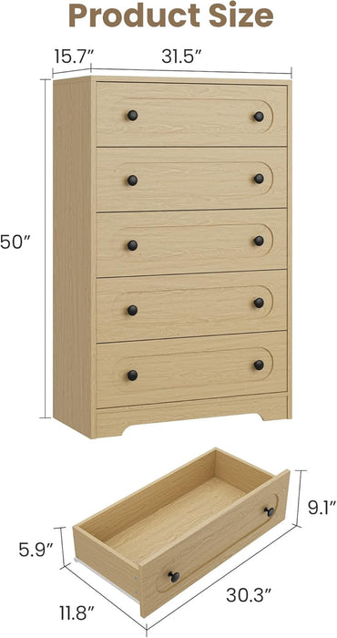 for Bedroom, 50" Tall Large Dresser with Deep Drawers & Metal Knobs, Wooden Mid Century Modern Chest of Drawers for Living Room, Entryway, Hallway, Natural