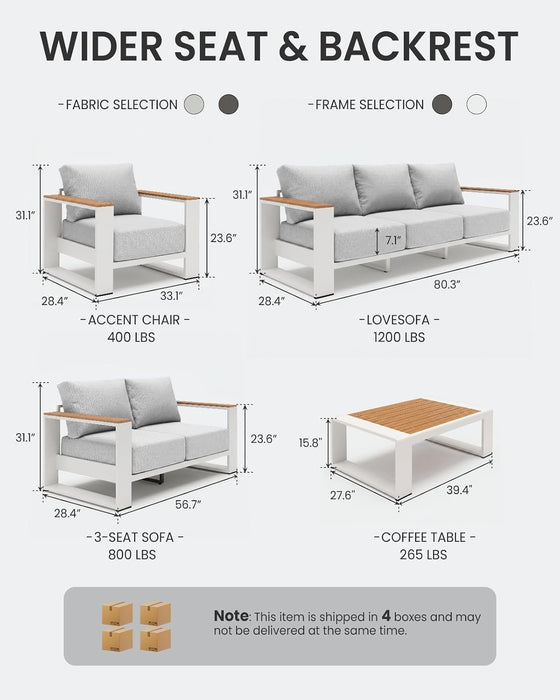 Oversized Aluminum Patio Furniture Set, 4 Pieces Luxury Outdoor Furniture Set with 7.1" Extra Thick Cushion, Modern Outdoor Sectional with Coffee Table for Porch, Garden and Deck, White