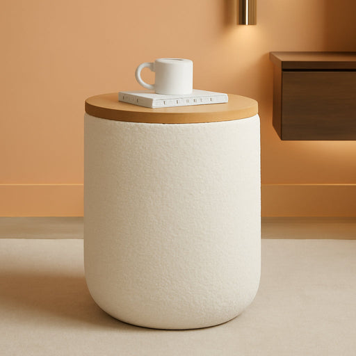 Storage Ottoman - Teddy Fabric Upholstered Ottoman with Wood Top for Living Room, Dorm, or Apartment - Ottomans with Storage (Cream)