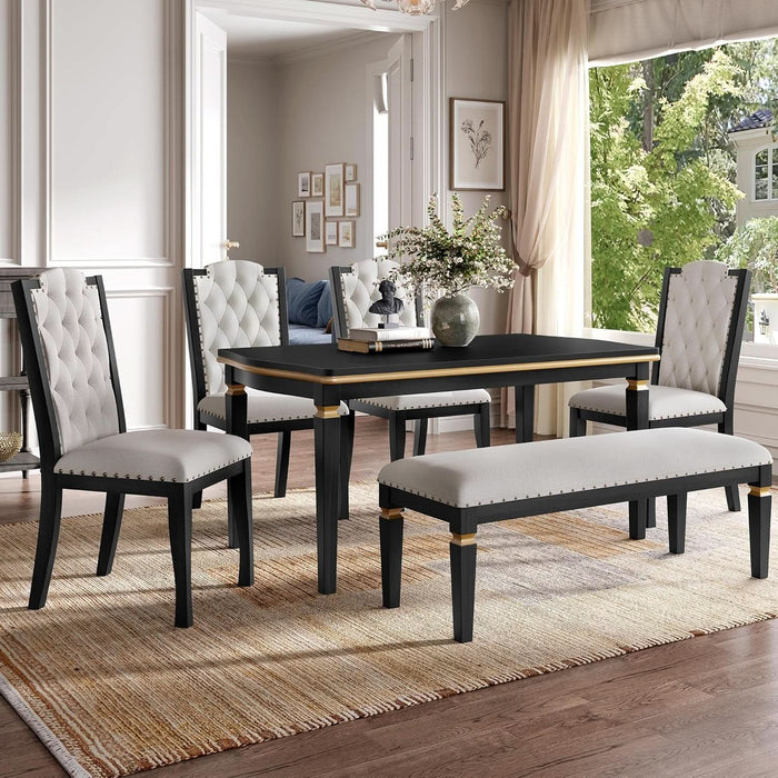 6-Piece Kitchen Dining Table Set, 60" Rectangular Table with 4 High-Back Tufted Upholstered Chairs & 1 Bench, Rubberwood Legs Modern Elegant Farmhouse for Kitchen Room, Black