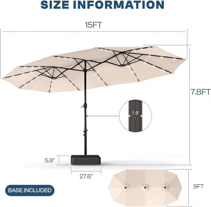 15FT Large Outdoor Patio Umbrella with Solar Lights and Base, Double-Sided Table Umbrellas with 48 LED Lights, Rectangle Market Umbrella for Pool, Deck, Backyard