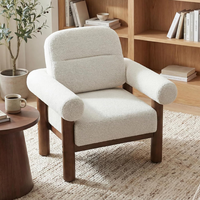 Beige Boucle Upholstered Barrel Chair With SolidWood
