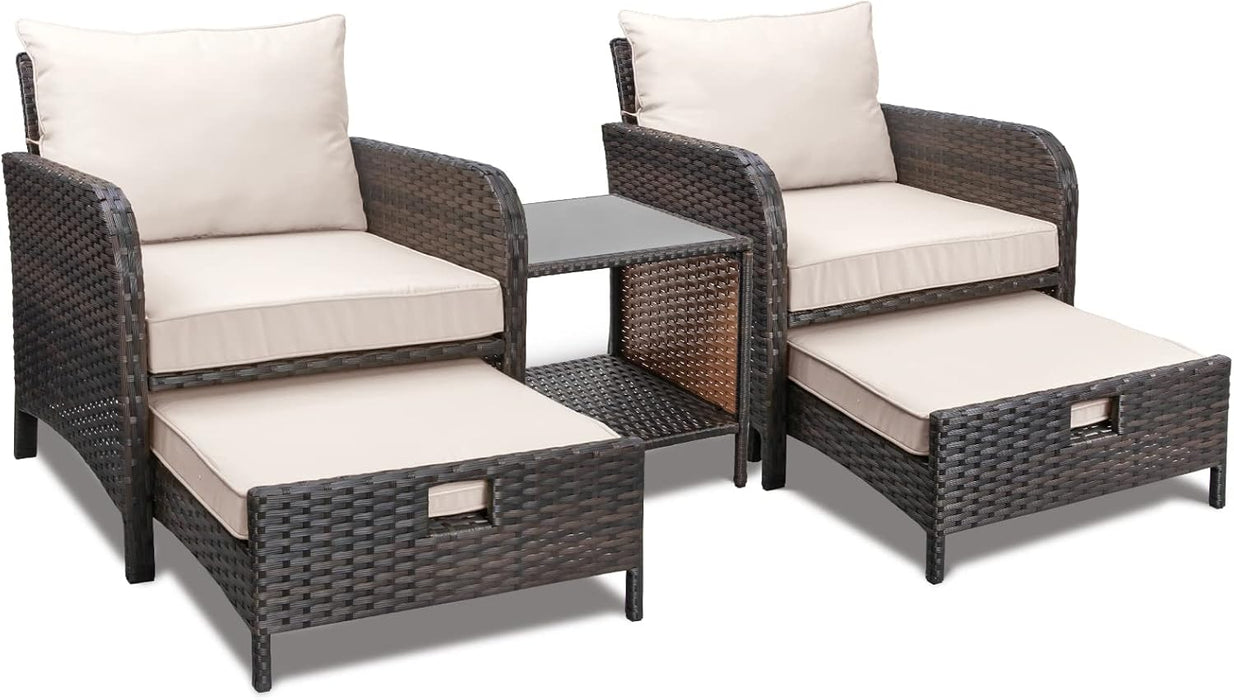 Balcony Furniture 5 Piece Patio Conversation Set, PE Wicker Rattan Outdoor Lounge Chairs with Soft Cushions 2 Ottoman&Glass Table for Porch, Lawn-Brown Wicker