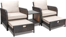 Balcony Furniture 5 Piece Patio Conversation Set, PE Wicker Rattan Outdoor Lounge Chairs with Soft Cushions 2 Ottoman&Glass Table for Porch, Lawn-Brown Wicker