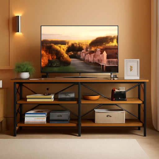 TV Stand up to 70 Inch TV, 63" Entertainment Center, TV Media Console with 3-Tier Storage Shelves for Living Room and Bedroom, Rustic Brown