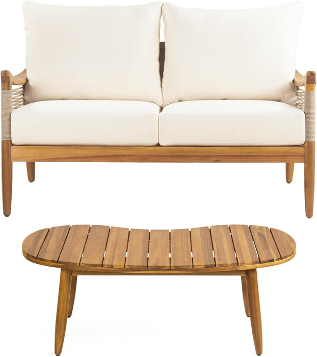 Havets 2 Piece Patio Conversation Sets, Outdoor Acacia Wood Patio Seating Group,Woven Rope Loveseat with Cushions and Coffee Table for Porch Garden Backyard Balcony, Teak+Beige