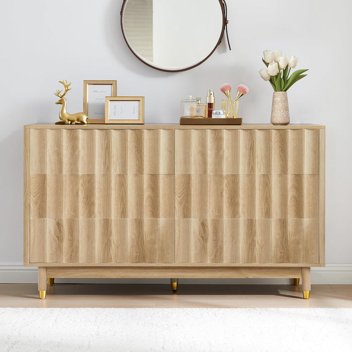 Fluted 6 Drawer Dresser, 53" Wide Modern Storage Chest of Drawers, Wood Drawer Organizer for Bedroom, Living Room, Hallway