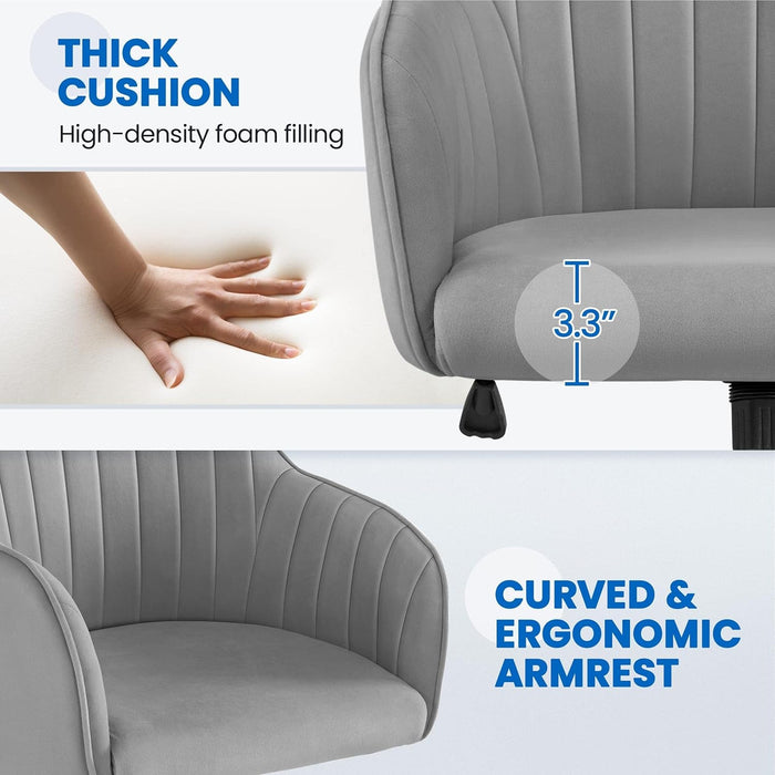 Modern Velvet Desk Chair Vanity Chair Height-Adjustable Swivel Computer Chair for Makeup Room Living Room Bedroom Soft Upholstered Office Chair Light Gray