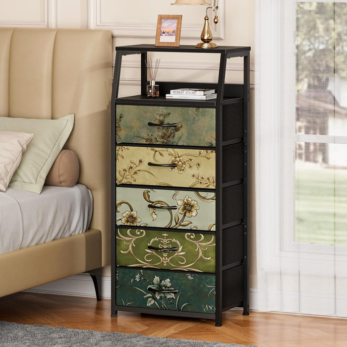 Retro 5 Drawers Dresser, Tall Dressers for Bedroom, Closet, Hallway, Nursery, Fabric Storage Tower Organizer, Vertical Nightstand Side Table Furniture, Steel Frame, Wood Top