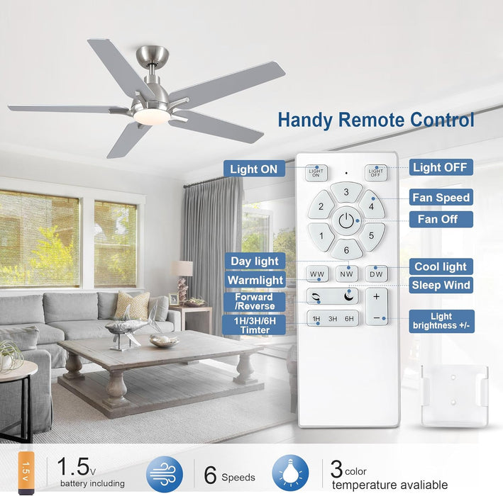 52 Inch Ceiling Fans with Lights and Remote, Brushed Nickel Modern Ceiling Fan for Bedroom, Living Room, Dining Room, Patio, 3CCT Dimmable 6 Speeds DC Quiet Reversible
