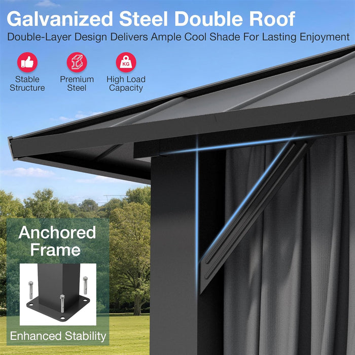 10X12Ft Hardtop Gazebo,Galvanized Steel Double Roof with Aluminum Frame,Outdoor Permanent Pavilion with Breathable Netting & Privacy Curtain for Patio,Backyard,Deck,Lawn,Gray