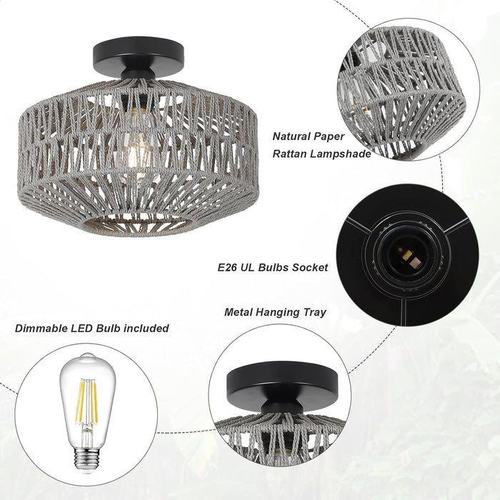 Boho Light Fixtures Ceiling Mount，Rattan Ceiling Light Fixture with Dimmable LED Bulb，Mini Hand Woven Chandelier Light Fixtures Ceilingfor Hallway Bedroom Kitchen Entryway Living Room（Grey）