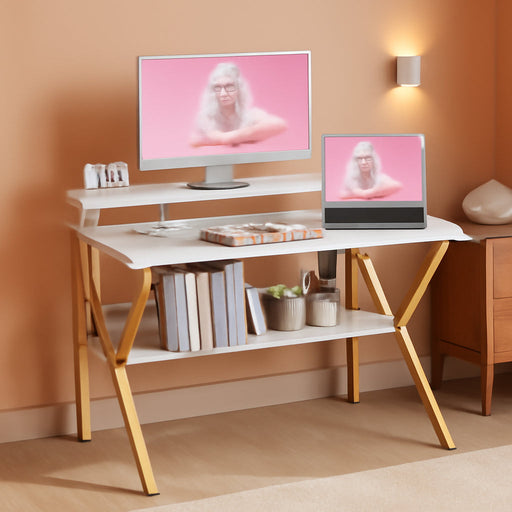 Small Desk, 27.5 Inch Small Computer Desk for Small Spaces, Compact Desk with Storage, Tiny Desk Study Desk with Monitor Stand for Home Office, White Marble + Gold Leg