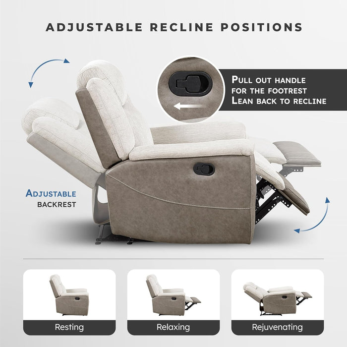 Mnul Reclining Sof for Living Room, Chenille Upholstery Double Recliner Couch Sof, Home Theter Seting, Wll Hugger, Pdded Hedrest, Required ssembly, Two-Tone Beige