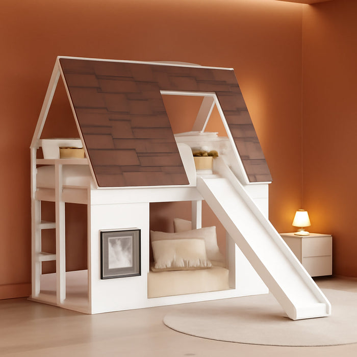 Twin over Twin House Bunk Bed Frame with Roof,Window,Ladder and Slide for Boys Girls, White & Brown