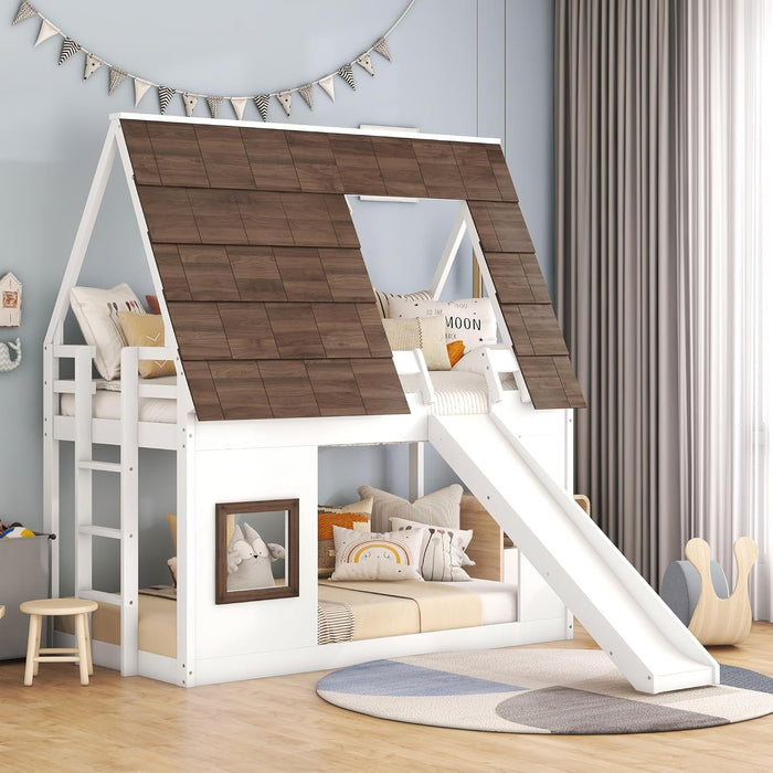 Twin Size Montessori Wooden Playhouse BunkBed Slide
