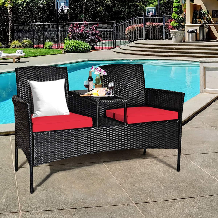 Wicker Patio Conversation Furniture Set, Outdoor Furniture Set with Removable Cushions & Table, Tempered Glass Top, Modern Rattan Bench for Garden Lawn Backyard