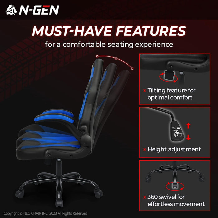 N-GEN Video Gaming Computer Chair Ergonomic Office Chair Desk Chair with Lumbar Support Flip up Arms Adjustable Height Swivel PU Leather Executive with Wheels for Adults Women Men (Blue)