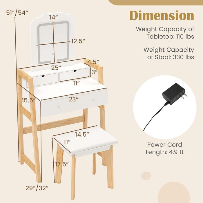 Small Vanity Desk with Mirror and Lights, White Makeup Vanity Desk with 3 Drawers, Adjustable Heights, 3 Color Lighting Modes, Compact Bedroom Dressing Table with Stool for Small Space