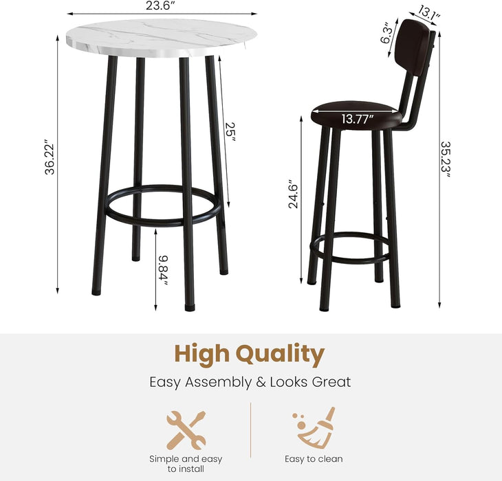 Dining Table Set for 2 - 24" round Kitchen Table with MDF Tabletop & 2 PU Leather Chairs, Bar Pub Set for Small Space Kitchen Living Room Apartment, White