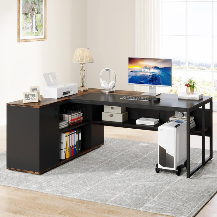 71 Inch Executive Desk, L Shaped Desk with Cabinet Storage, Executive Office Desk with Shelves, Business Furniture Desk Workstation for Home Office, Brown and Black