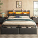 King Bed Frame with Wood Headboard & Storage Drawers, Metal Platform Bed Frames King Size with LED Lights, Built in Charging Station, No Box Spring Needed, No Noise, Easy Assembly, Black