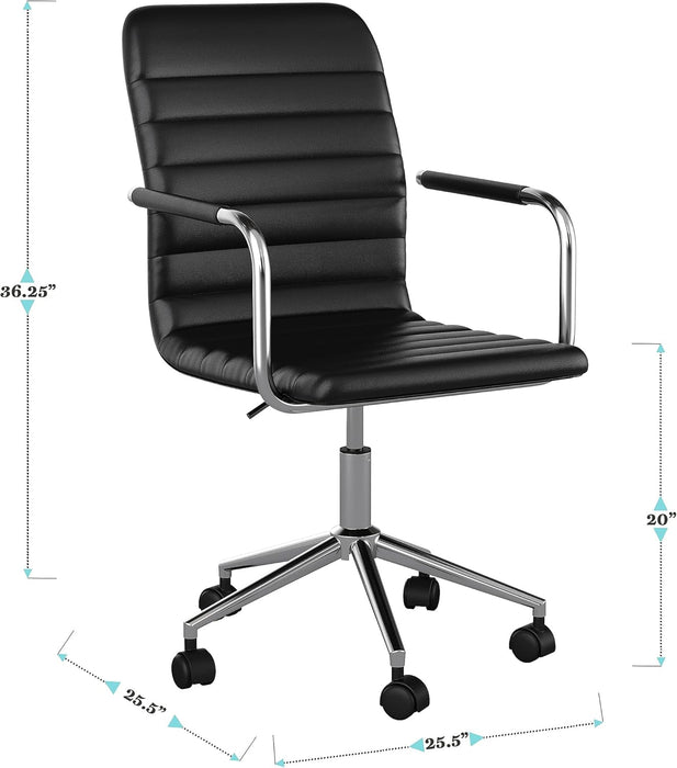 Taytum Swivel Task Chair with Armrests for Home Office in Black Faux Leather with Polished Nickel Frame