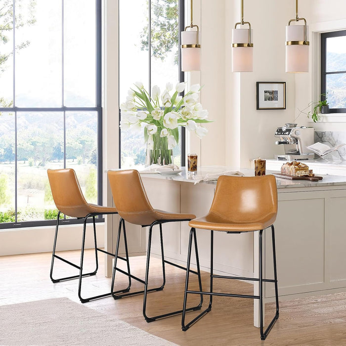 26 Inch Counter Height Bar Stools Set of 3, Faux Leather Bar Chairs