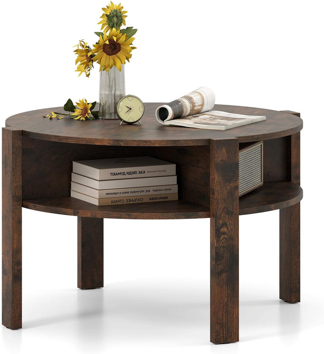 round Coffee Table, 29.5” 2-Tier Circle Cocktail Center Table with Storage Shelves, for Small Spaces, Living Room (Rustic Brown)