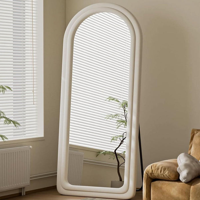 71"X32" Arched Mirror Full Length, Full Body Freely Standing Mirror, Flannel Floor Mirror with Stand for Bedroom, Living Room, Hanging or against the Wall, White