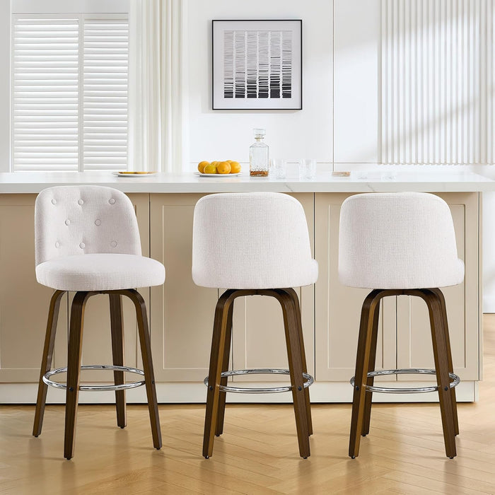 Bar Stools Set of 3, 26" Counter Height Swivel Bar Stools with Back, Walnut Bent Wood Legs, Linen Fabric Upholstered Counter Stools, Modern Counter Chairs Bar Stool for Kitchen Island, White