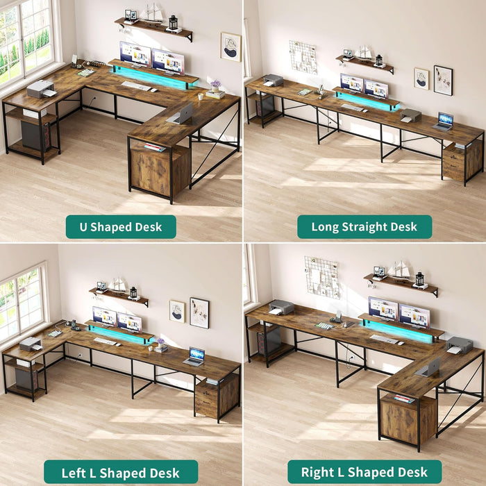 U Shaped Desk with Power Outlets & LED Lights, 79" Reversible L Shaped Desk with Drawers, Corner Computer Desk Office Desk with Monitor Stand & Storage Shelves, Rustic Brown