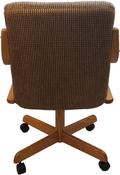 Casual Rolling Caster Dining Chair with Swivel Tilt in Oak Wood with Caramel Fabric Seat and Back (1 Chair)