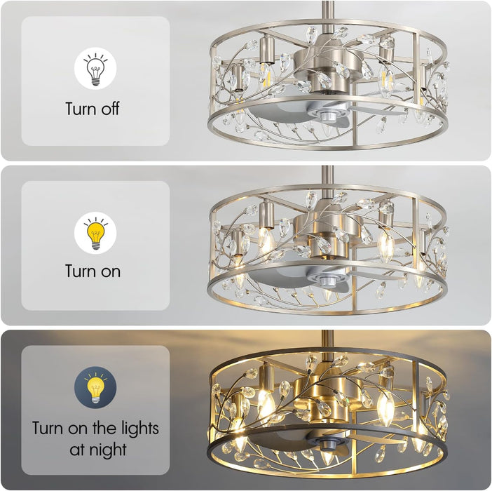 20 Inch Caged Ceiling Fan with Light and Remote, Quiet Reversible AC Motor, 5 ABS Blades, Modern Industrial Crystal Low Profile Small Ceiling Fan Light for Bedroom Home Indoor