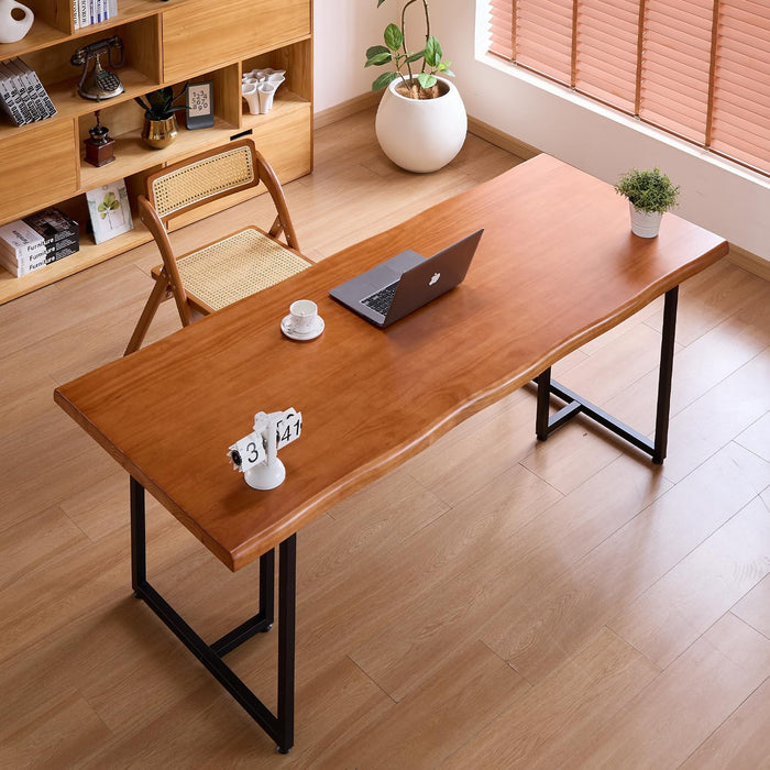 Solid Wood Administrative Desk, Dining Table with Durable Metal Legs, Uniquely Designed Leisure Table, Perfect for Restaurants and Home Offices, (Wood Brown, 62.99In)