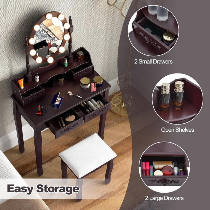 Girls Vanity Table with Lighted Mirror and Stool, 10 Dimmable LED Lights, 3 Color Lighting Modes, 4 Drawers, Rose-Shaped Handle, Bedroom Dressing Makeup Vanity Desk Set (Espresso)