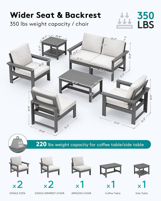 HDPE Outdoor Patio Furniture Set, 7-Piece Outdoor Sectional Patio Conversation Set, All Weather Outdoor Couch Set Patio Sofa Set for Deck, Lawn, Grey Frame with Khaki Cushion