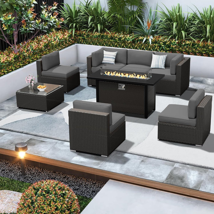 8-Piece Outdoor Patio Furniture Sofa Set All-Weather Wicker Sectional Conversation Set with Modern Glass Coffee Table, Cushions and Fire Pit Table, Dark Grey