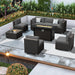 8-Piece Outdoor Patio Furniture Sofa Set All-Weather Wicker Sectional Conversation Set with Modern Glass Coffee Table, Cushions and Fire Pit Table, Dark Grey