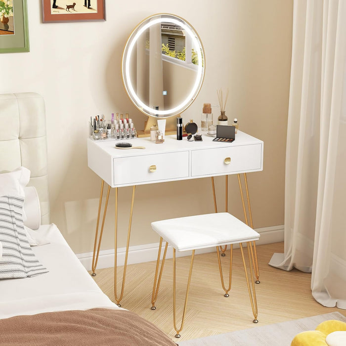 Makeup Vanity Table with Lighted Mirror, Vanity Desk with 2 Large Drawers, Adjustable 3 Lighting Modes, Modern Girls Bedroom Vanity Table with Chair for Small Spaces, White & Gold