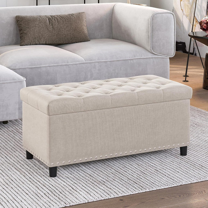 35" Tufted Ottoman, Storage Bench with Safety Close Hinge, Ottoman with Storage for Living Room, Entryway, Hallway, Foot Rest, Support 300Lbs - Beige