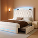 King Size Bed Frame with 4 Storage Drawers and RGB LED Lights, 57'' Tall Headboard Velvet Upholstered Bed with Charging Station, No Box Spring Needed, Easy Assembly, Noise-Free, White