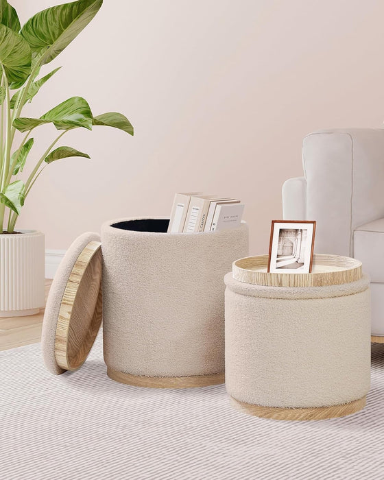 Storage Ottoman round Boucle Ottomans with Tray, Set of 2 Teddy Foot Rest Ottoman Cube with Storage for Living Room , Apricot 15"X15"X16.9"
