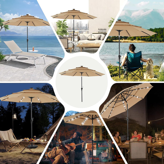 Outdoor Solar Patio Umbrella 3 Tiers with 32 LED Lights, Beach Market Table Umbrella with Crank and 8 Sturdy Ribs for Pool, Terrace, Restaurant