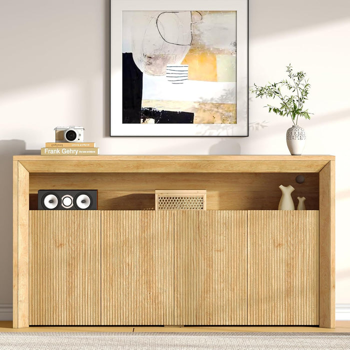 TV Stand for Tvs up to 85 Inch, Wood Entertainment Center with Open & Adjustable Storage, Mid Century Modern TV Media Console with LED Lights for Living Room, Bedroom, Oak