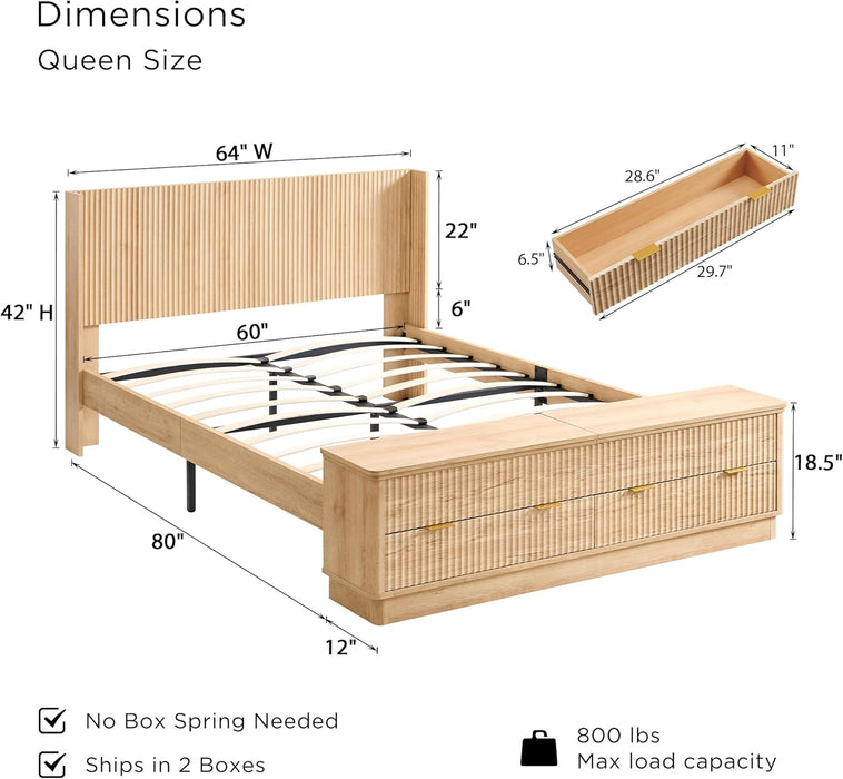 Fluted Queen Size Bed Frame with Wingback Headboard, Footboard Storage Bench with Built-In Drawers & Lift-Up Compartments, Wood & Steel Platform Bed, No Box Spring Needed, Natural Oak