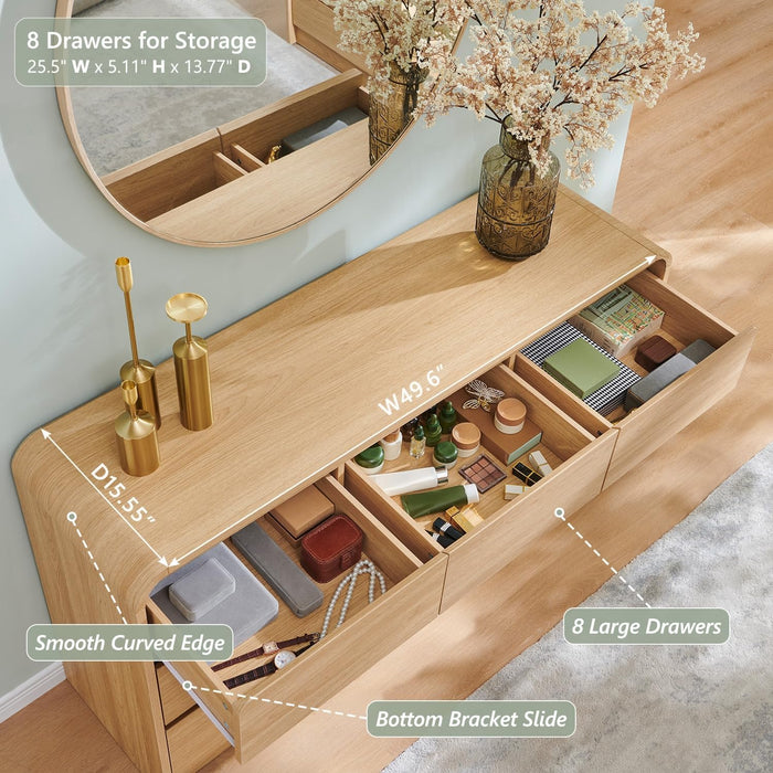 Modern 8 Drawers Dresser for Bedroom, 55" Wide Dresser, Natural Oak