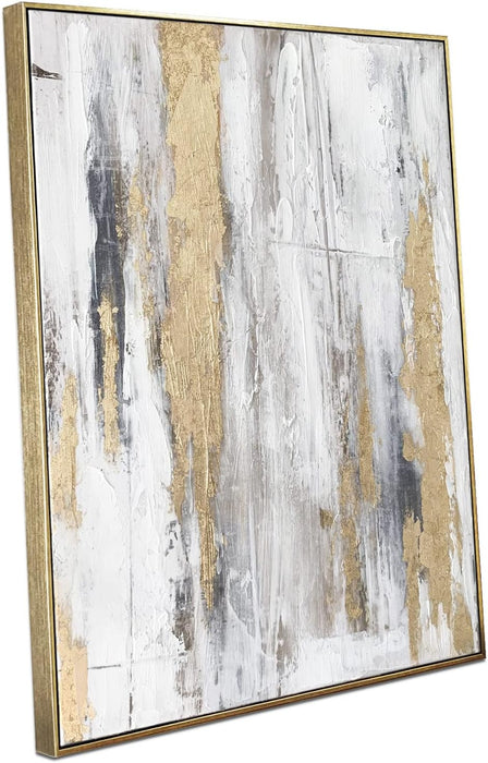 Abstract Wall Art with Gold Foil - 24 X 32 Inches Gold and Gray Canvas Print with Texture for Modern Style Decor，Framed, Ready to Hang