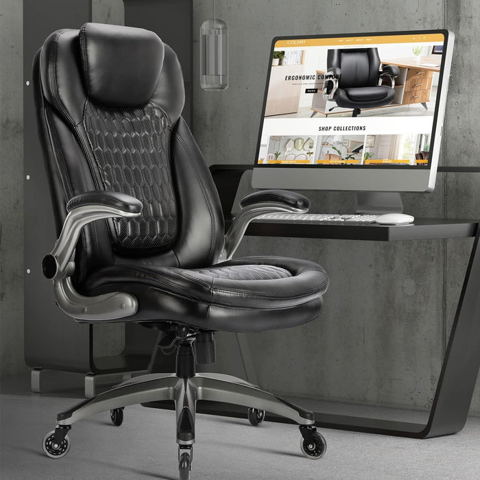Executive Office Chair-Ergonomic Computer Desk Chair, High Back Leather Chair with Padded Flip-Up Arms, Swivel Home Office Chair Upgraded Caster-Black