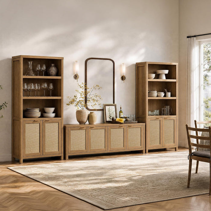 71" Tall Bookcase 5 Tier Rattan Bookshelf with Doors for Library | Farmhouse Storage Book Shelf with Adjustable Shelves Large Book Case Bookshelves for Living Room Home Office Bedroom Kitchen
